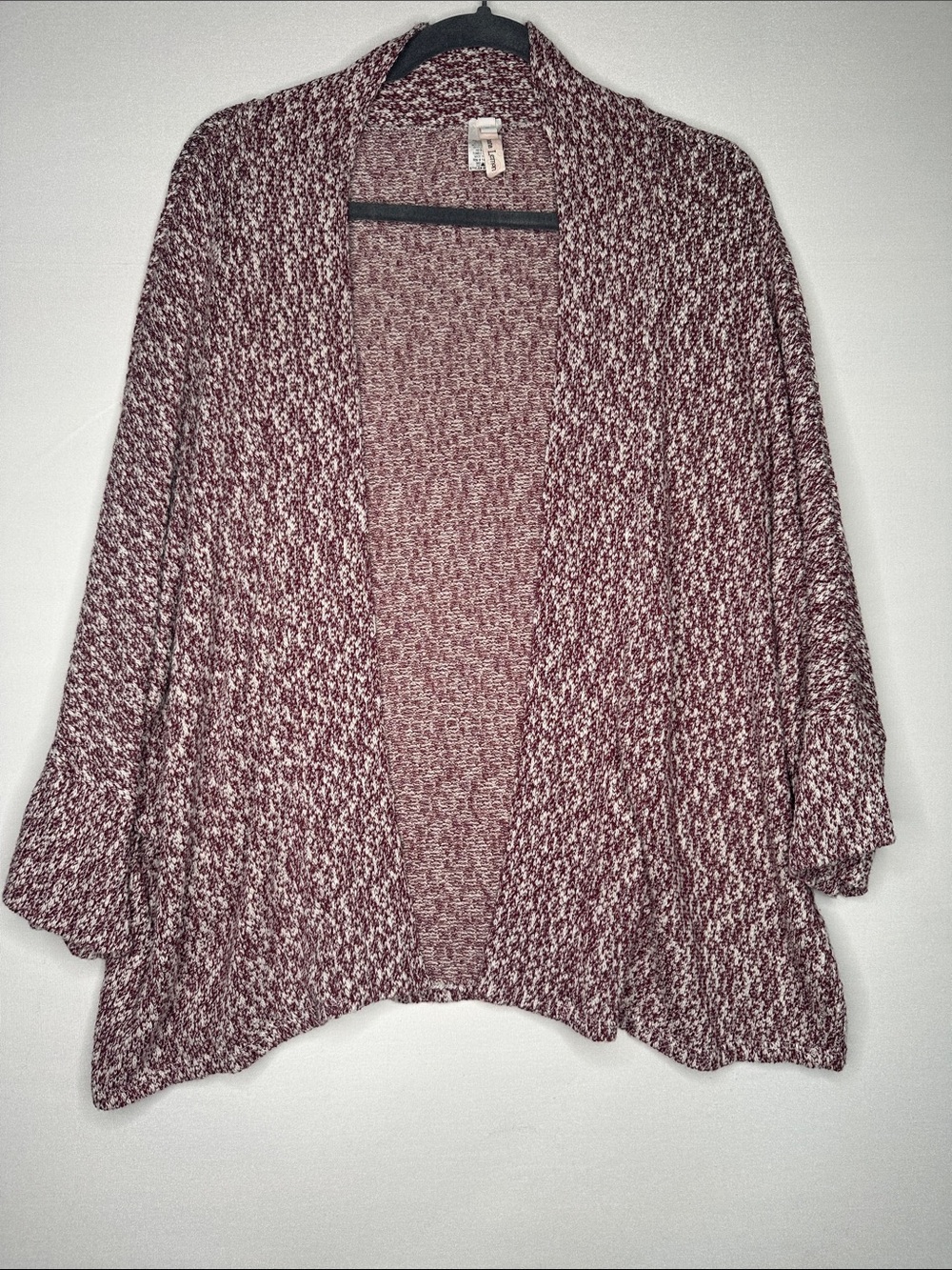 Cozy Open-Front Marled Cardigan Sweater - Burgundy/White Large. Made in USA